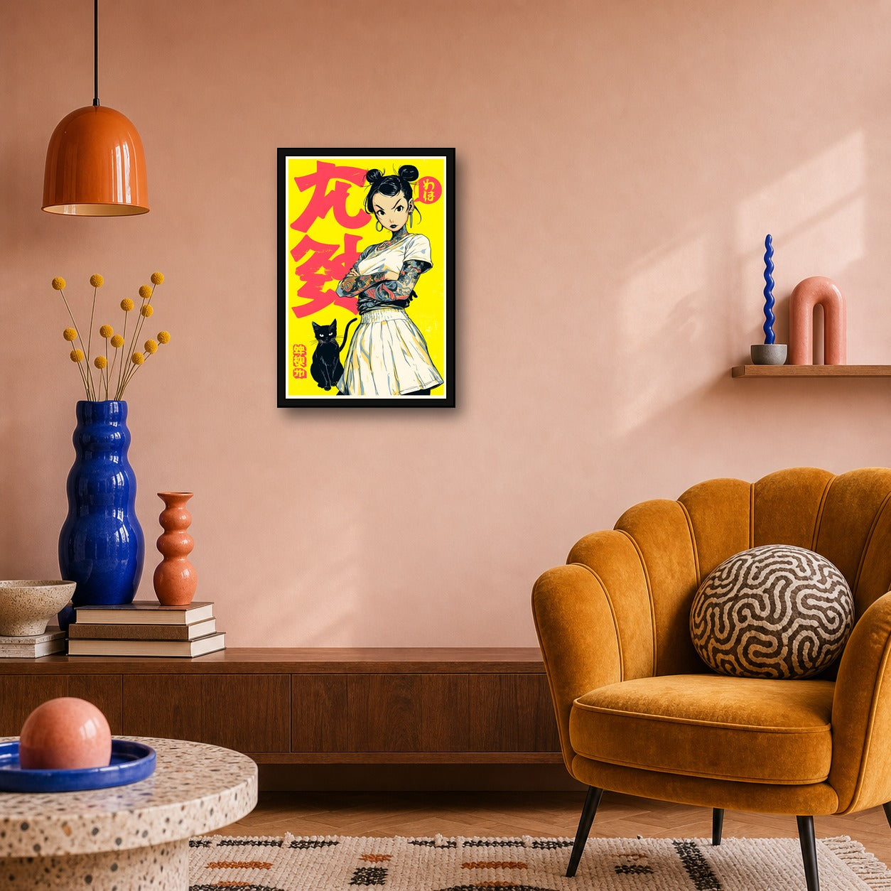 Girl with Black Cat Poster, Japanese Inspired Cat Wall Art Print - 2x3 room mockup
