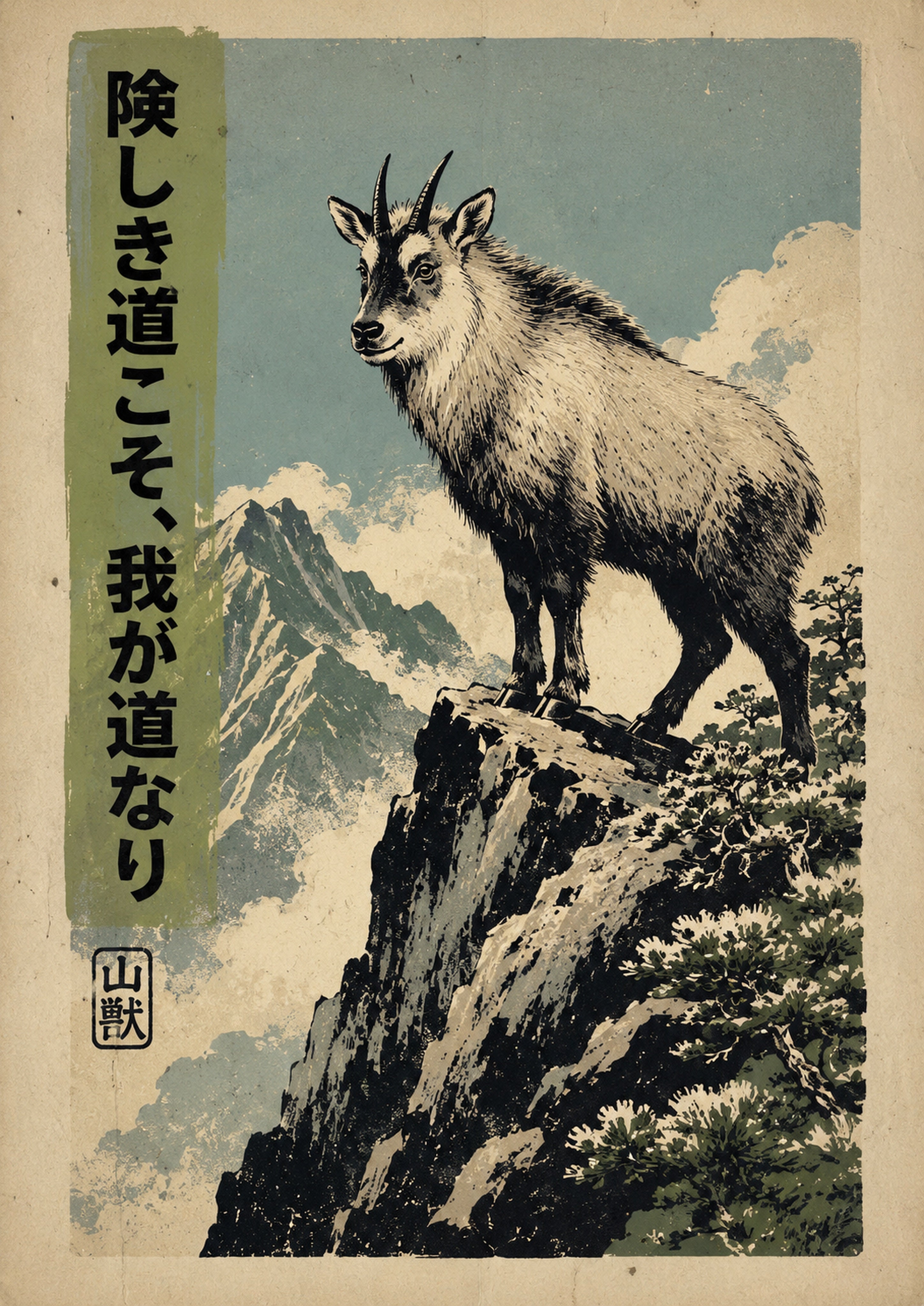 Goat Mountain Path Poster, Japanese Nature Wall Art, Matte Print - full A artwork