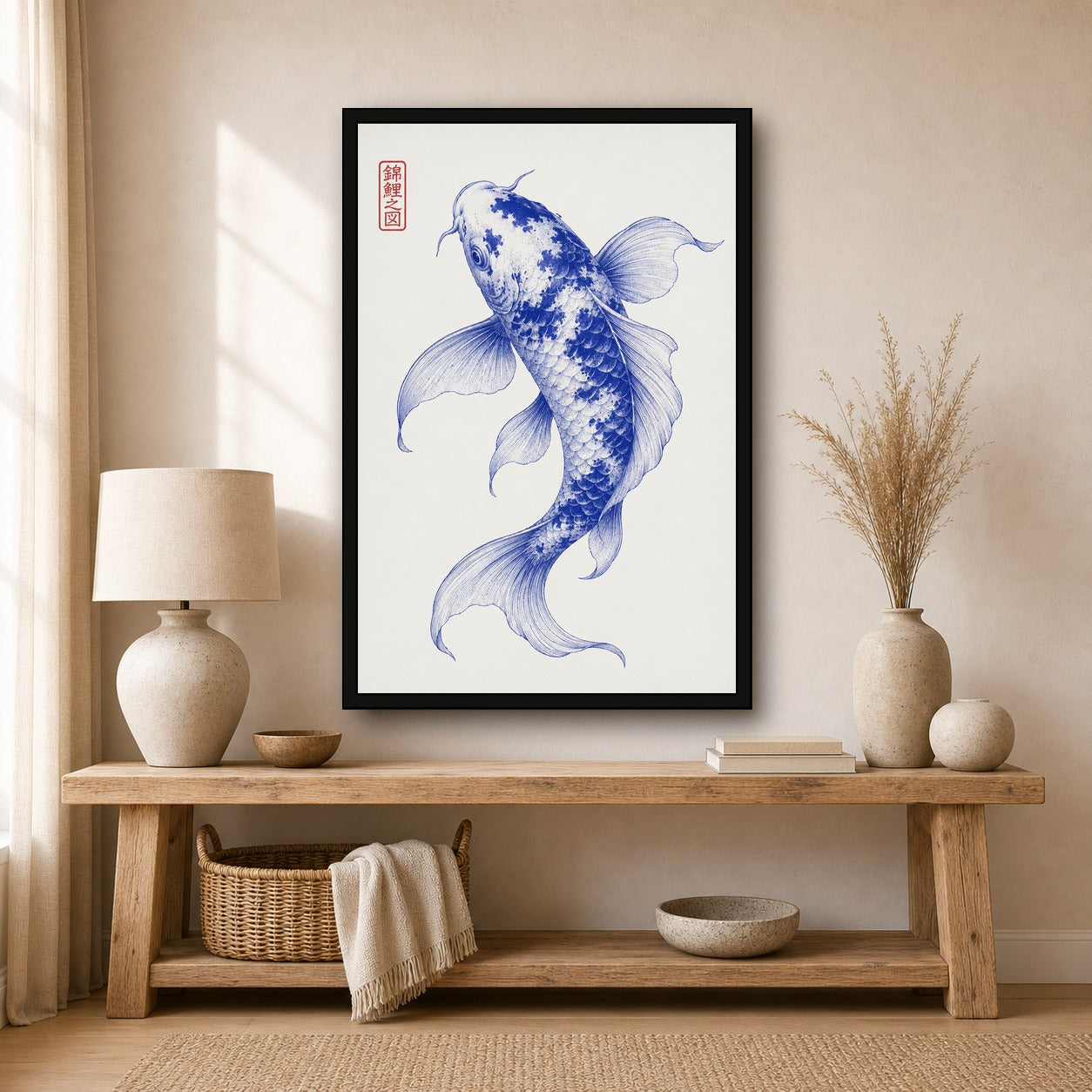 Graceful Blue Koi Fish Poster - Japanese Zen Wall Art for Tranquil Home Decor, Available in Multiple Sizes - 2x3 room mockup