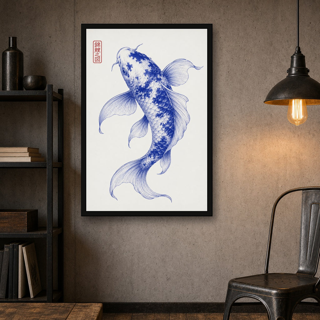 Graceful Blue Koi Fish Poster - Japanese Zen Wall Art for Tranquil Home Decor, Available in Multiple Sizes - 2x3 room mockup