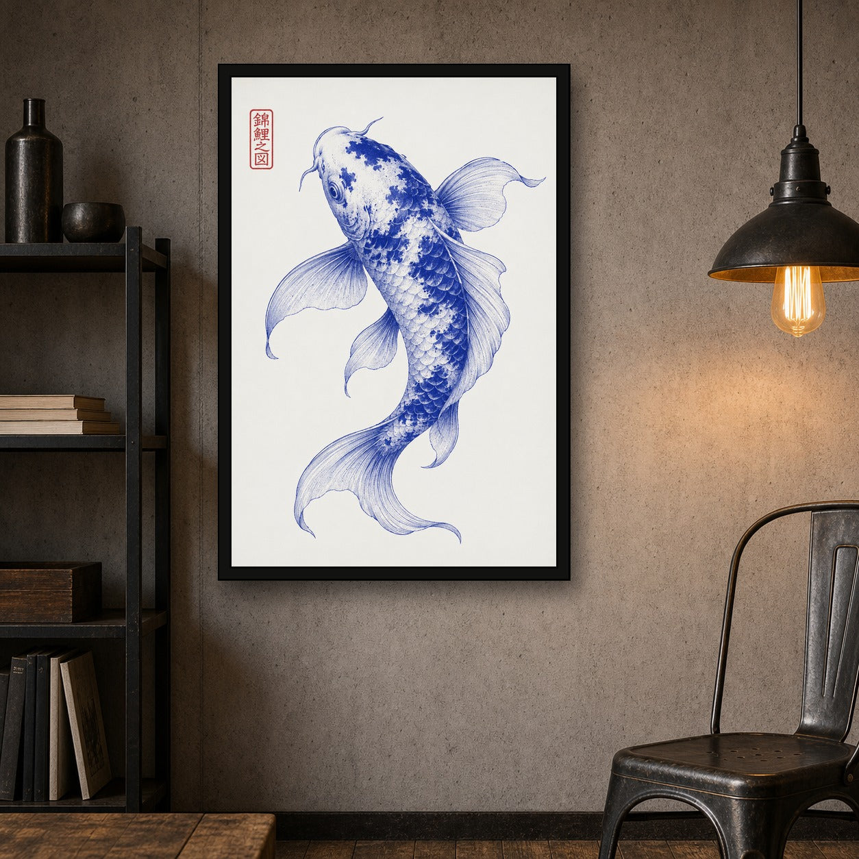 Graceful Blue Koi Fish Poster - Japanese Zen Wall Art for Tranquil Home Decor, Available in Multiple Sizes - 2x3 room mockup