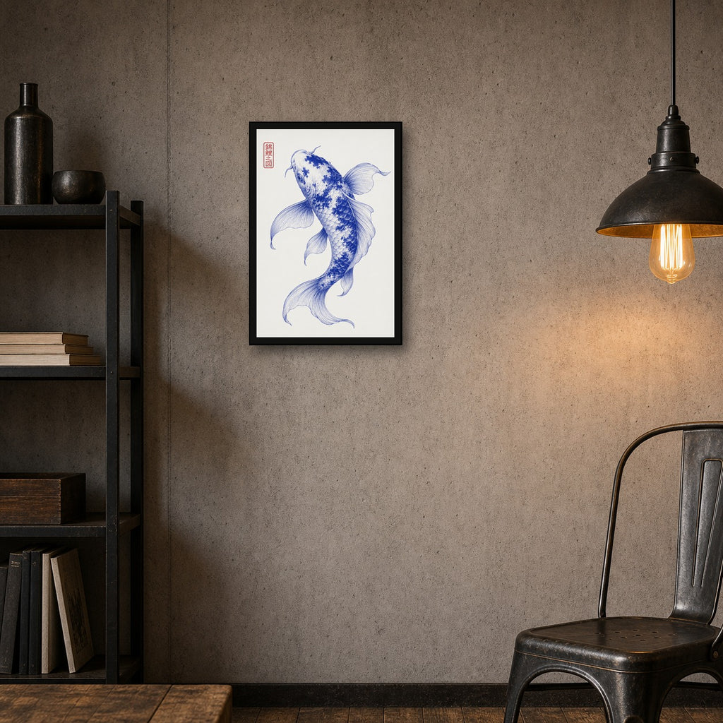 Graceful Blue Koi Fish Poster - Japanese Zen Wall Art for Tranquil Home Decor, Available in Multiple Sizes - 2x3 room mockup