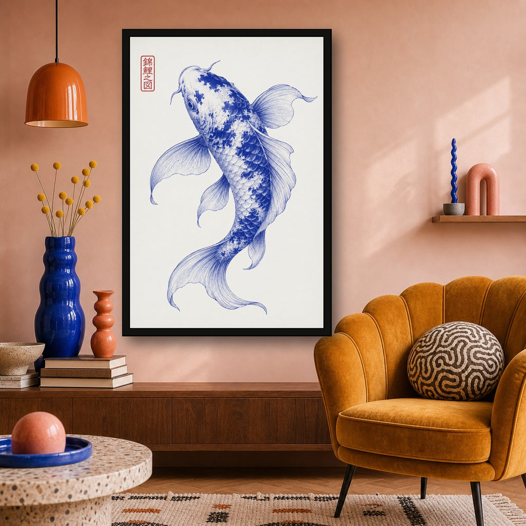 Graceful Blue Koi Fish Poster - Japanese Zen Wall Art for Tranquil Home Decor, Available in Multiple Sizes - 2x3 room mockup