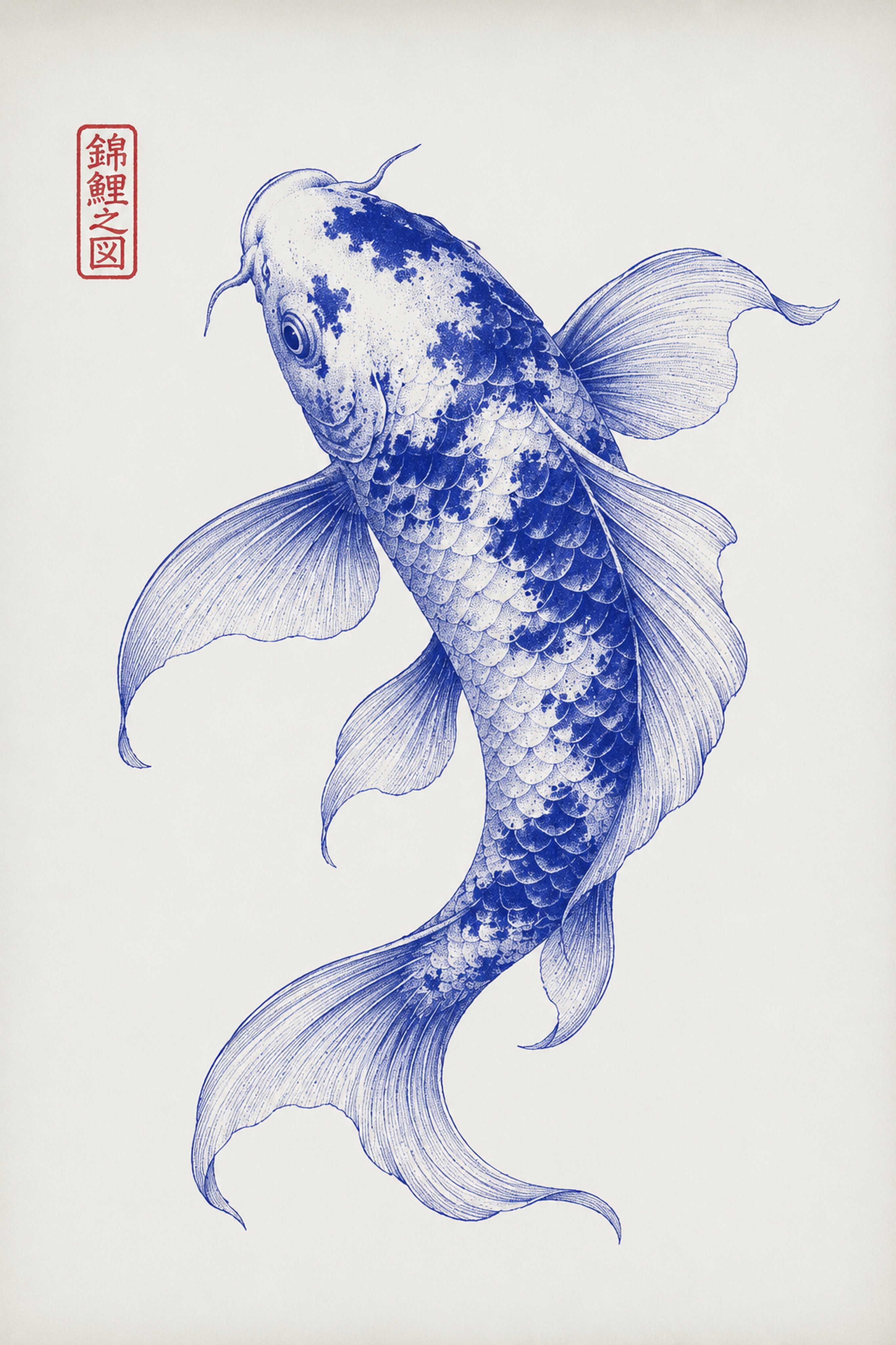 Graceful Blue Koi Fish Poster - Japanese Zen Wall Art for Tranquil Home Decor, Available in Multiple Sizes