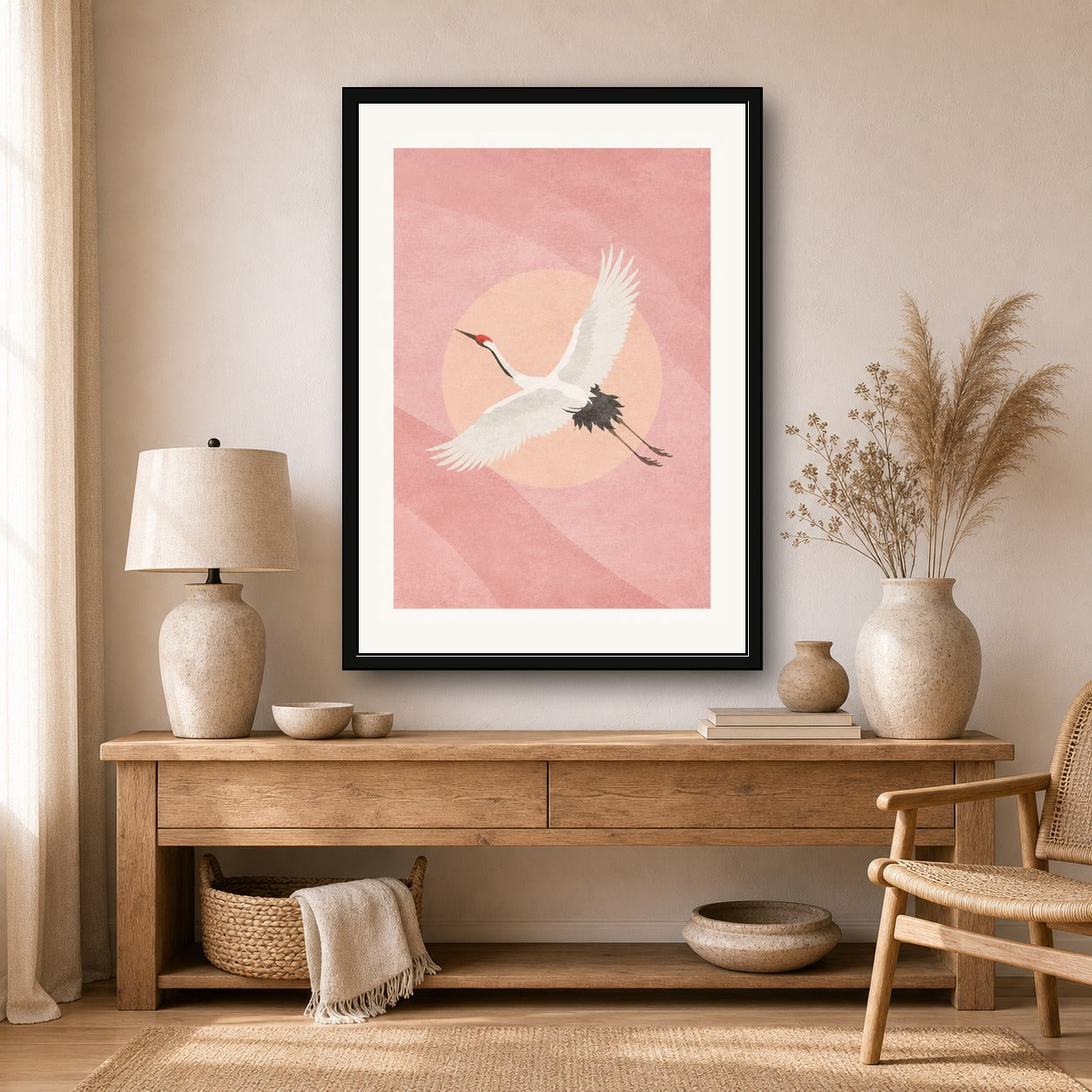 Graceful Japanese Crane Art Print, Blush Pink Serenity Wall Decor, Minimalist Japan Travel Poster in Six Sizes - corrected A room mockup