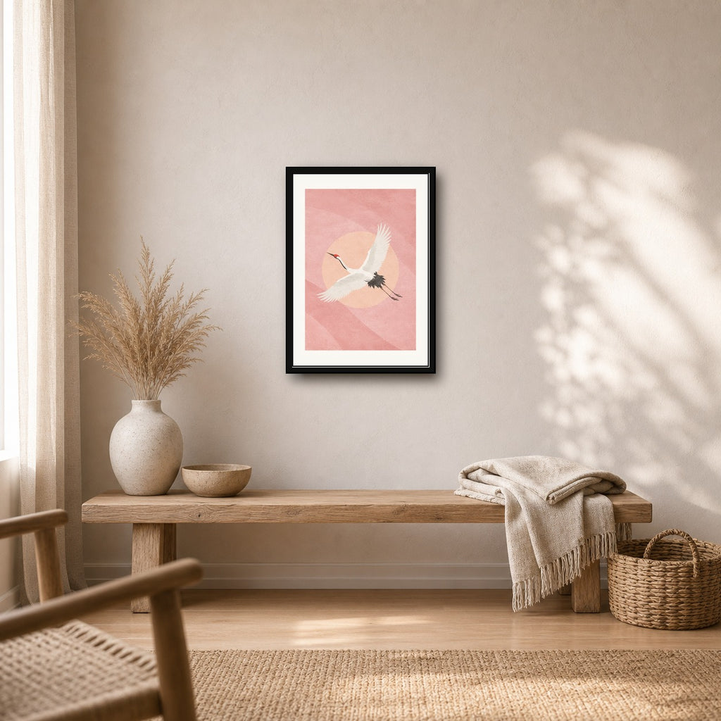 Graceful Japanese Crane Art Print, Blush Pink Serenity Wall Decor, Minimalist Japan Travel Poster in Six Sizes - corrected A room mockup