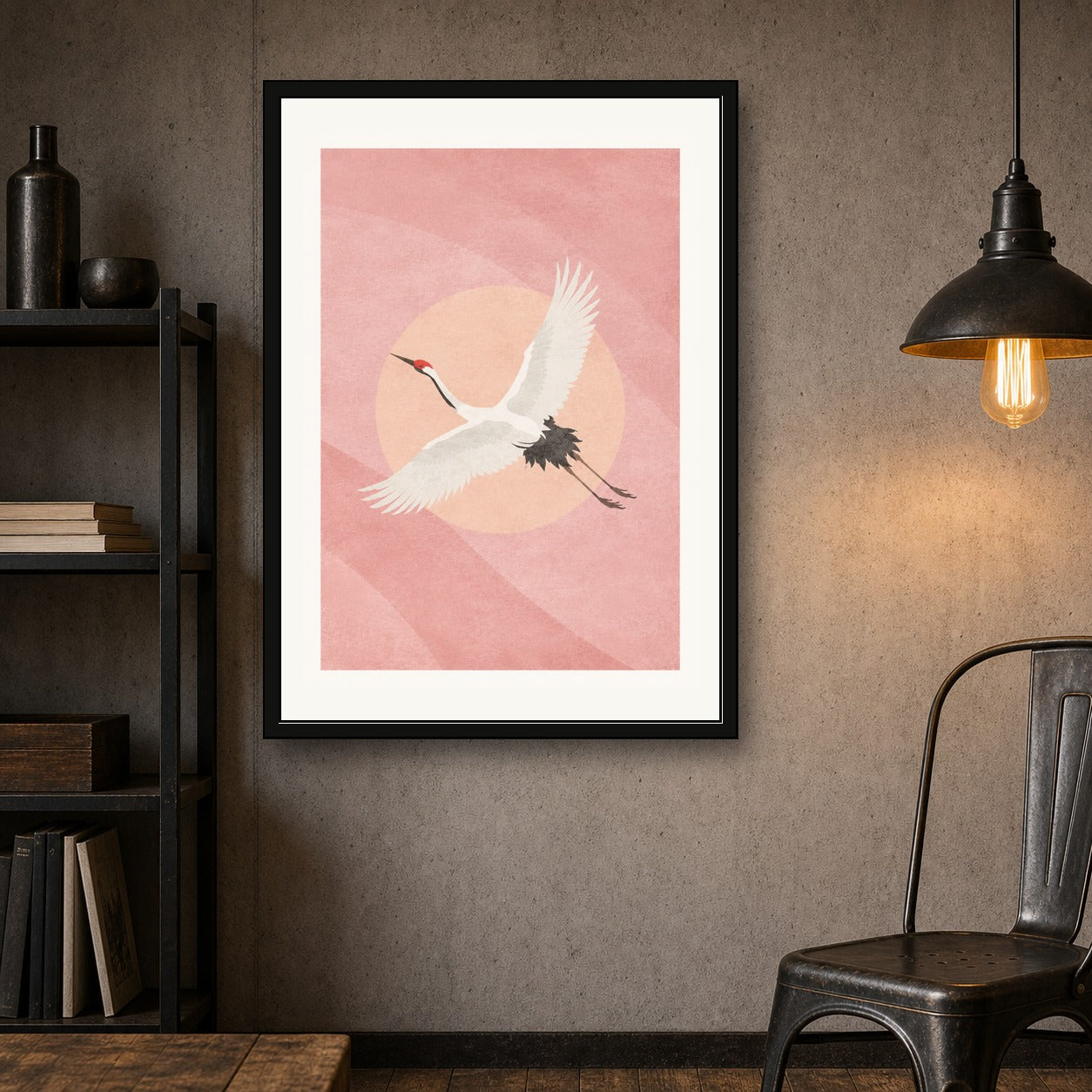Graceful Japanese Crane Art Print, Blush Pink Serenity Wall Decor, Minimalist Japan Travel Poster in Six Sizes - corrected A room mockup