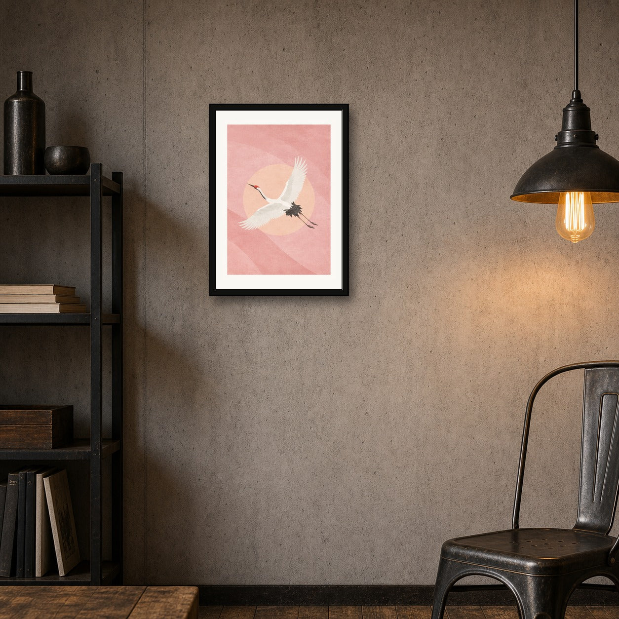 Graceful Japanese Crane Art Print, Blush Pink Serenity Wall Decor, Minimalist Japan Travel Poster in Six Sizes - corrected A room mockup