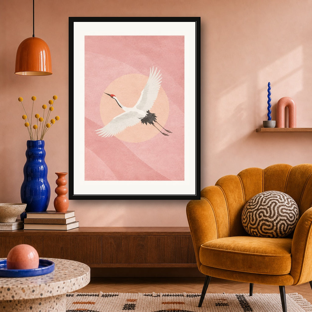 Graceful Japanese Crane Art Print, Blush Pink Serenity Wall Decor, Minimalist Japan Travel Poster in Six Sizes - corrected A room mockup