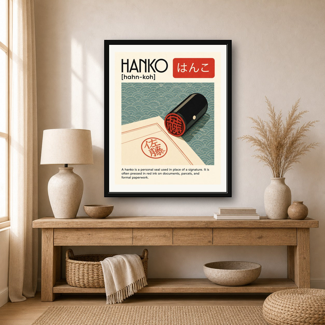 Hanko Japanese Seal Print, Personal Seal Wall Art, Japan Inspired Home Decor - corrected 4x5 room mockup