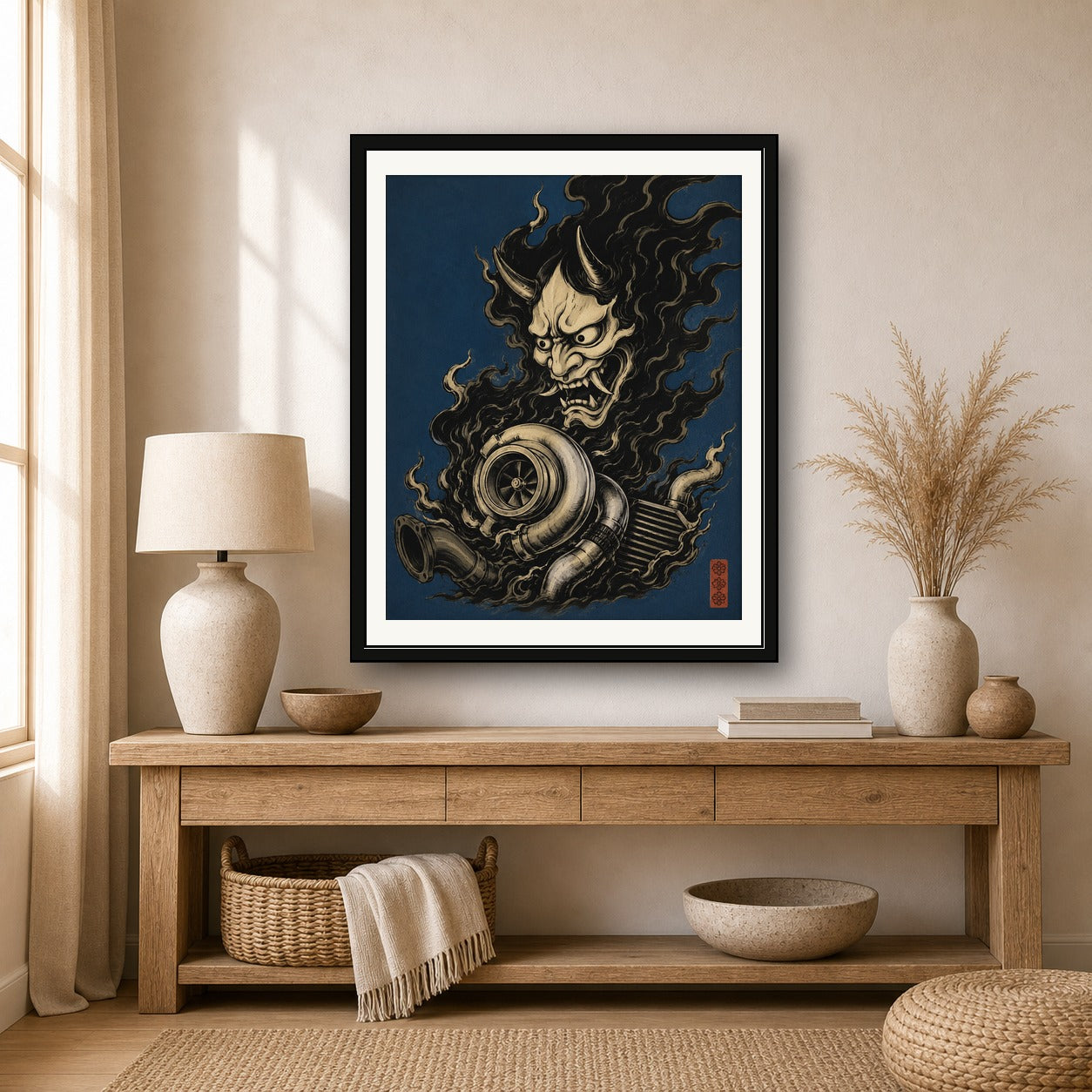 Hannya Turbo Dark Art Print, JDM Japanese Oni Mask Poster, Automotive Enthusiast Wall Art in Multiple Sizes - corrected 4x5 room mockup