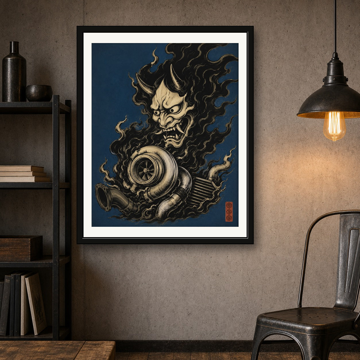 Hannya Turbo Dark Art Print, JDM Japanese Oni Mask Poster, Automotive Enthusiast Wall Art in Multiple Sizes - corrected 4x5 room mockup