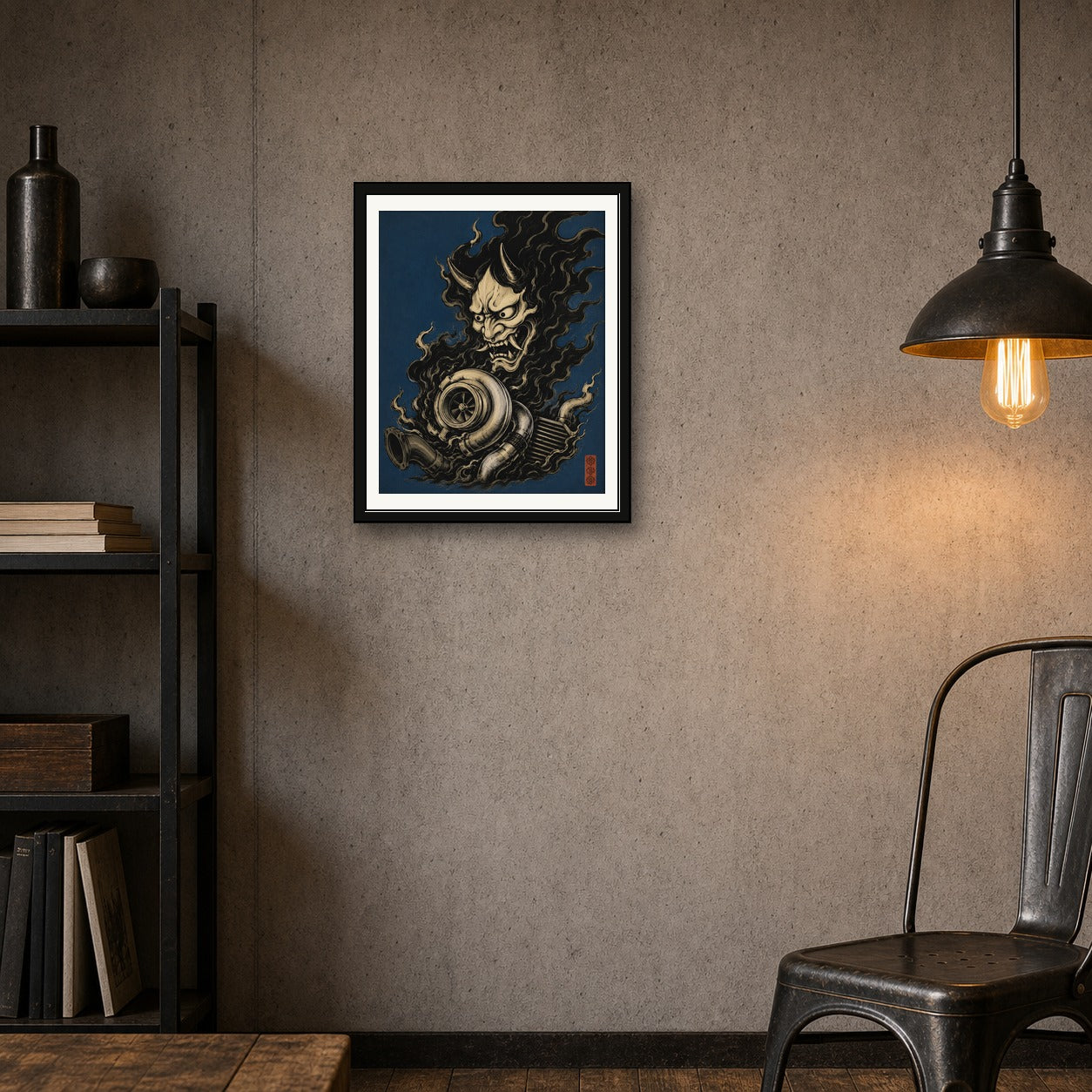 Hannya Turbo Dark Art Print, JDM Japanese Oni Mask Poster, Automotive Enthusiast Wall Art in Multiple Sizes - corrected 4x5 room mockup