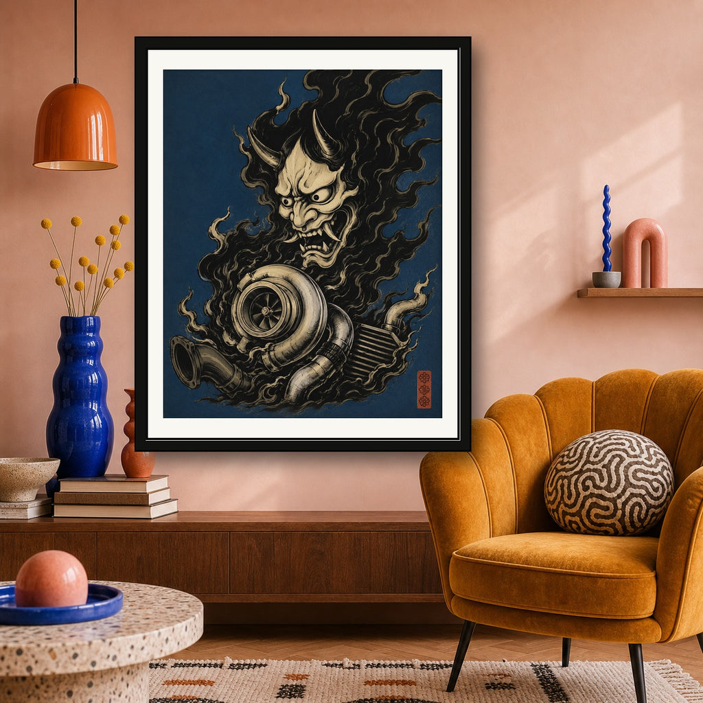 Hannya Turbo Dark Art Print, JDM Japanese Oni Mask Poster, Automotive Enthusiast Wall Art in Multiple Sizes - corrected 4x5 room mockup