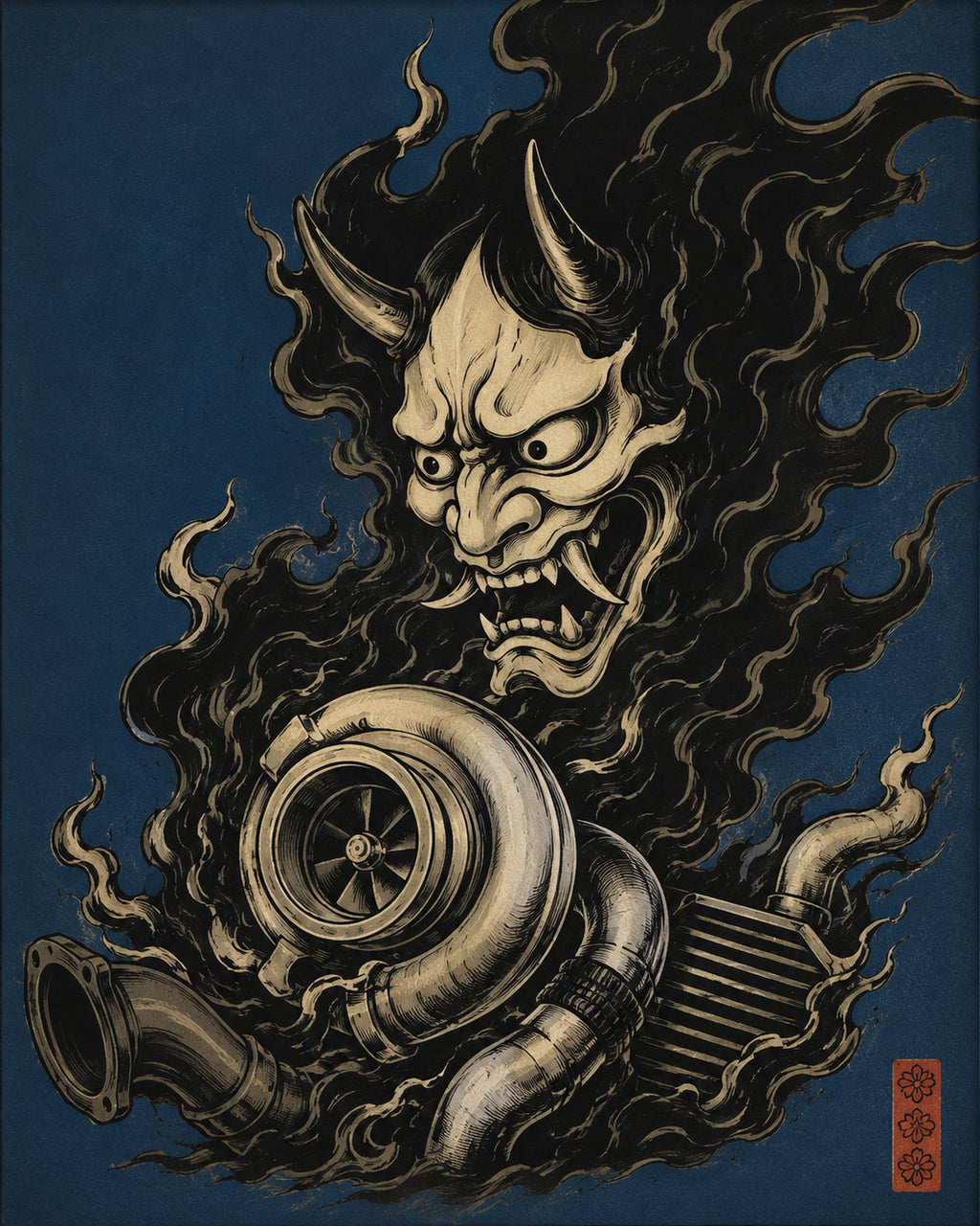 Hannya Turbo Dark Art Print, JDM Japanese Oni Mask Poster, Automotive Enthusiast Wall Art in Multiple Sizes - corrected 4x5 flat artwork