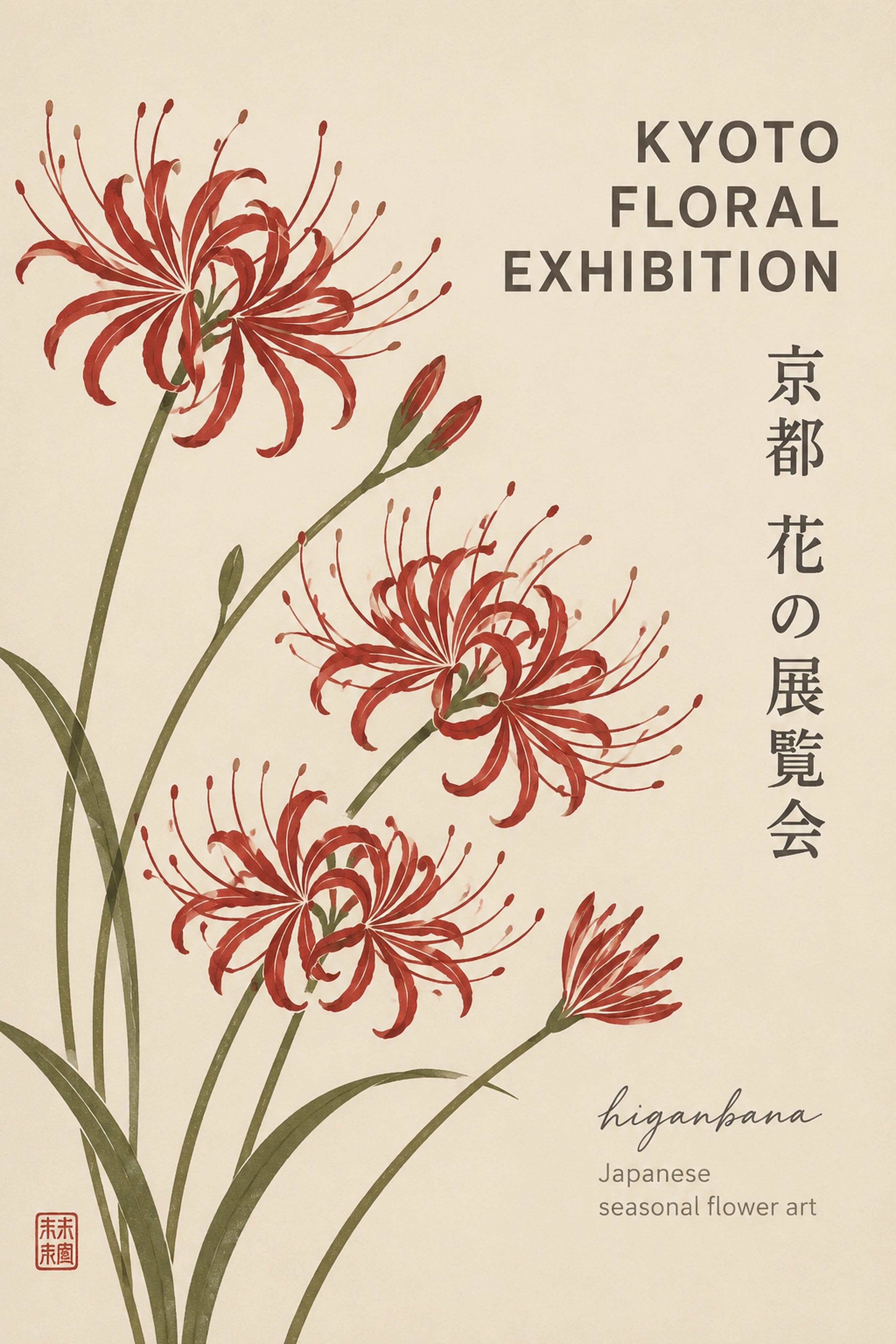 Higanbana Japanese Spider Lily Poster, Kyoto Floral Exhibition Wall Art, Vibrant Botanical Print