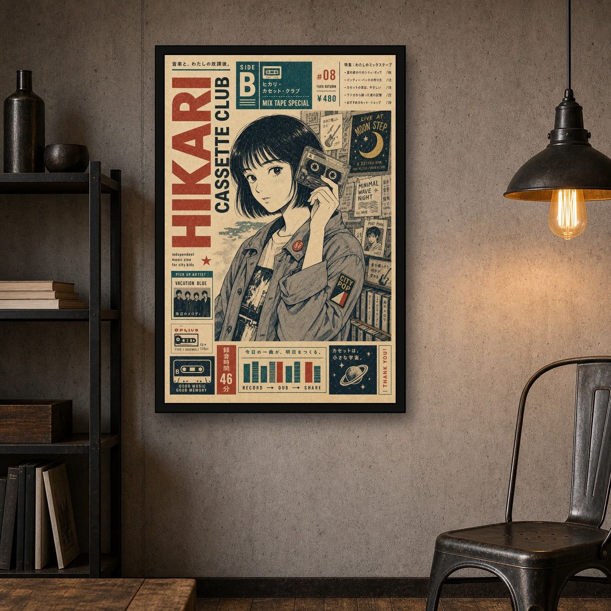 Hikari Cassette Club Japanese Retro Poster Print - 2x3 room mockup
