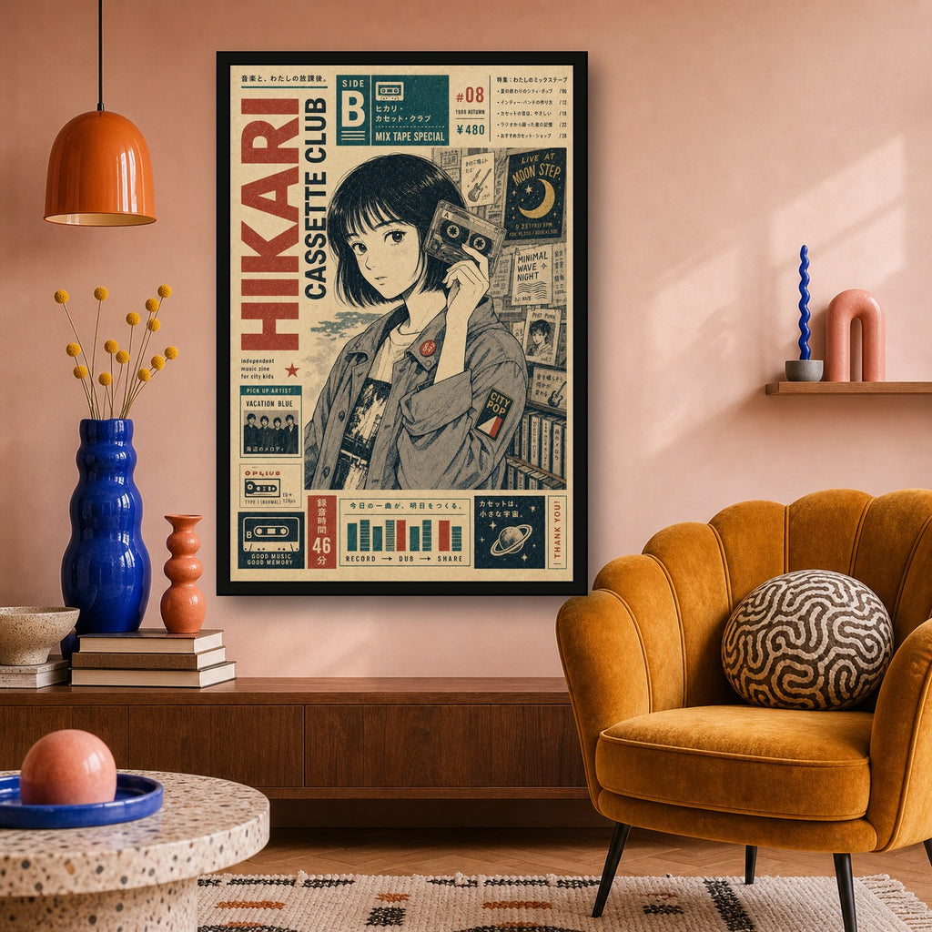 Hikari Cassette Club Japanese Retro Poster Print - 2x3 room mockup