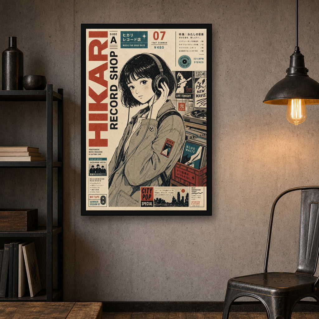 Hikari Record Shop Japanese Retro Poster Print - 2x3 room mockup