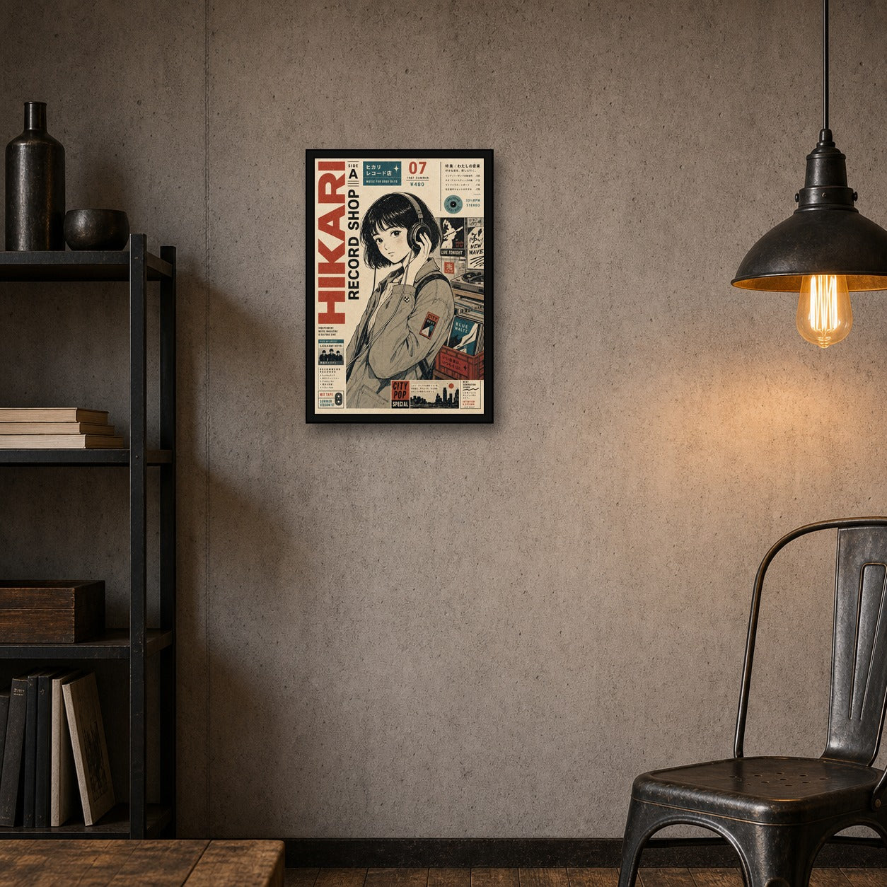 Hikari Record Shop Japanese Retro Poster Print - 2x3 room mockup