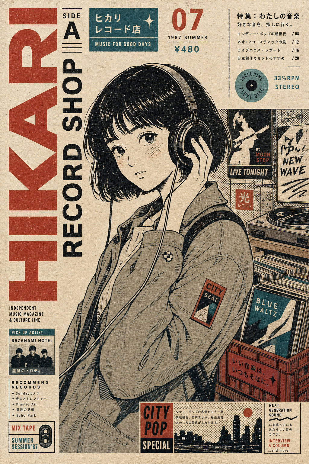 Hikari Record Shop Japanese Retro Poster Print