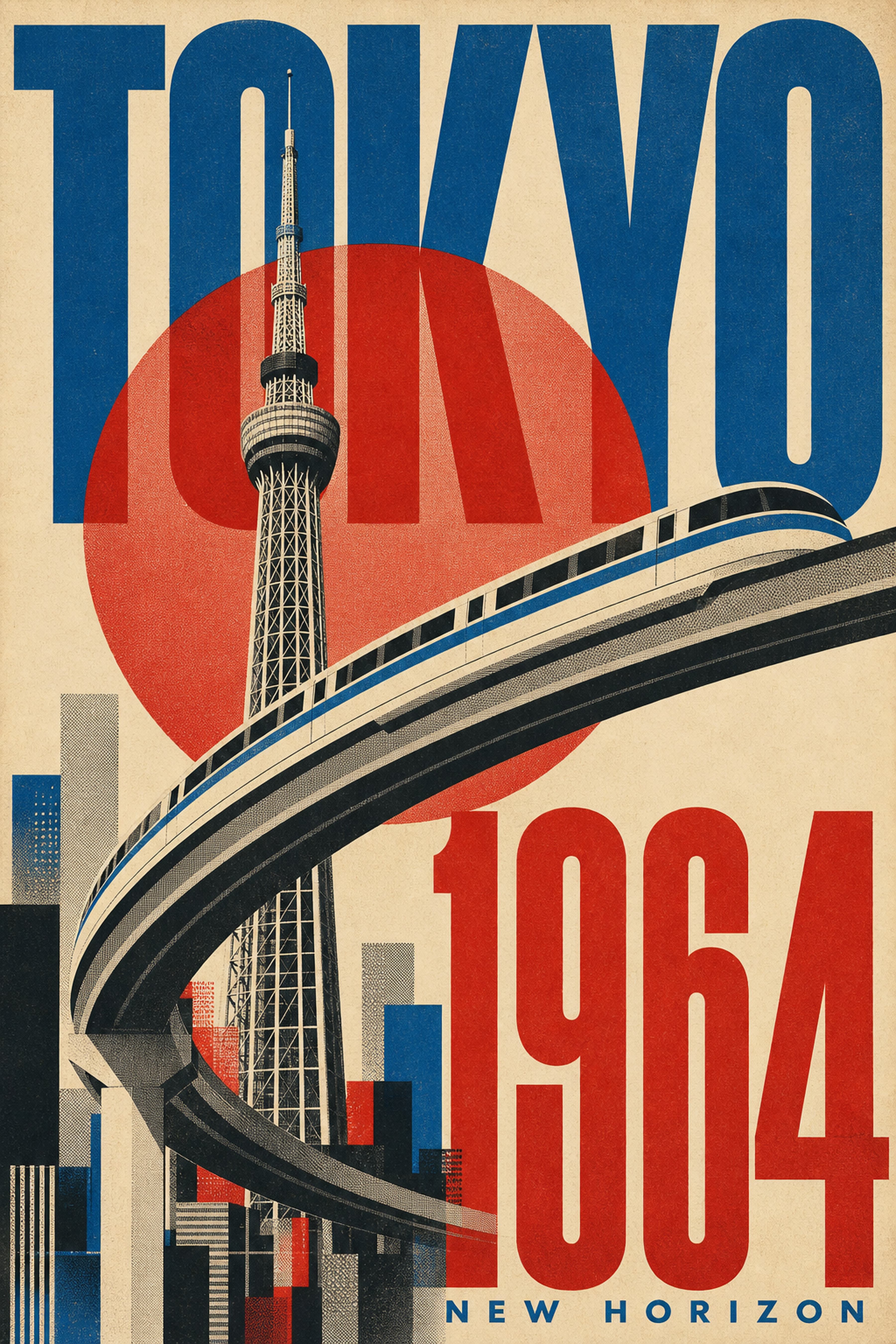 Tokyo New Horizon Poster, Retro Japanese City Travel Wall Art Print - full artwork