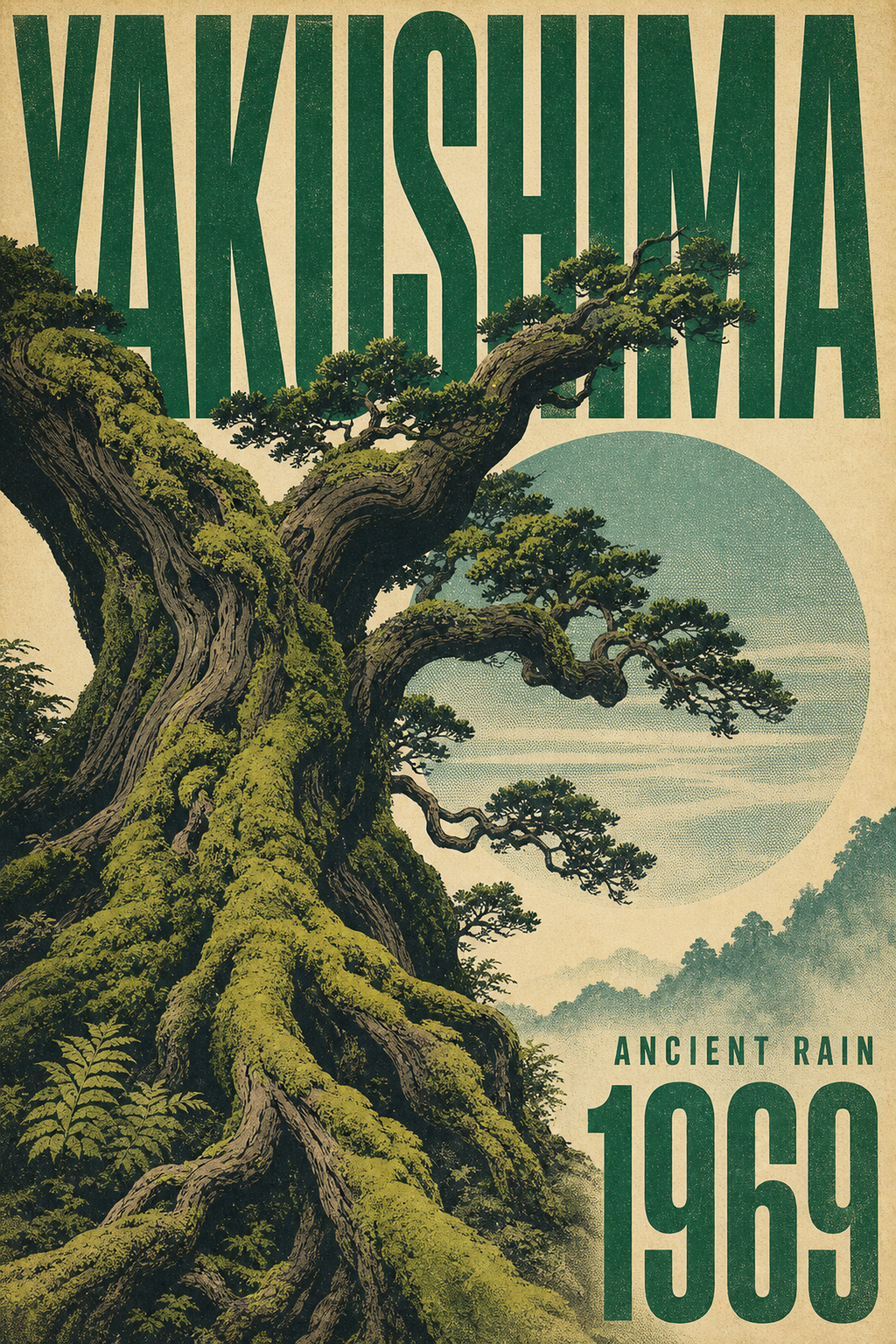 Yakushima Ancient Rain Poster, Retro Japanese Forest Wall Art Print - full artwork