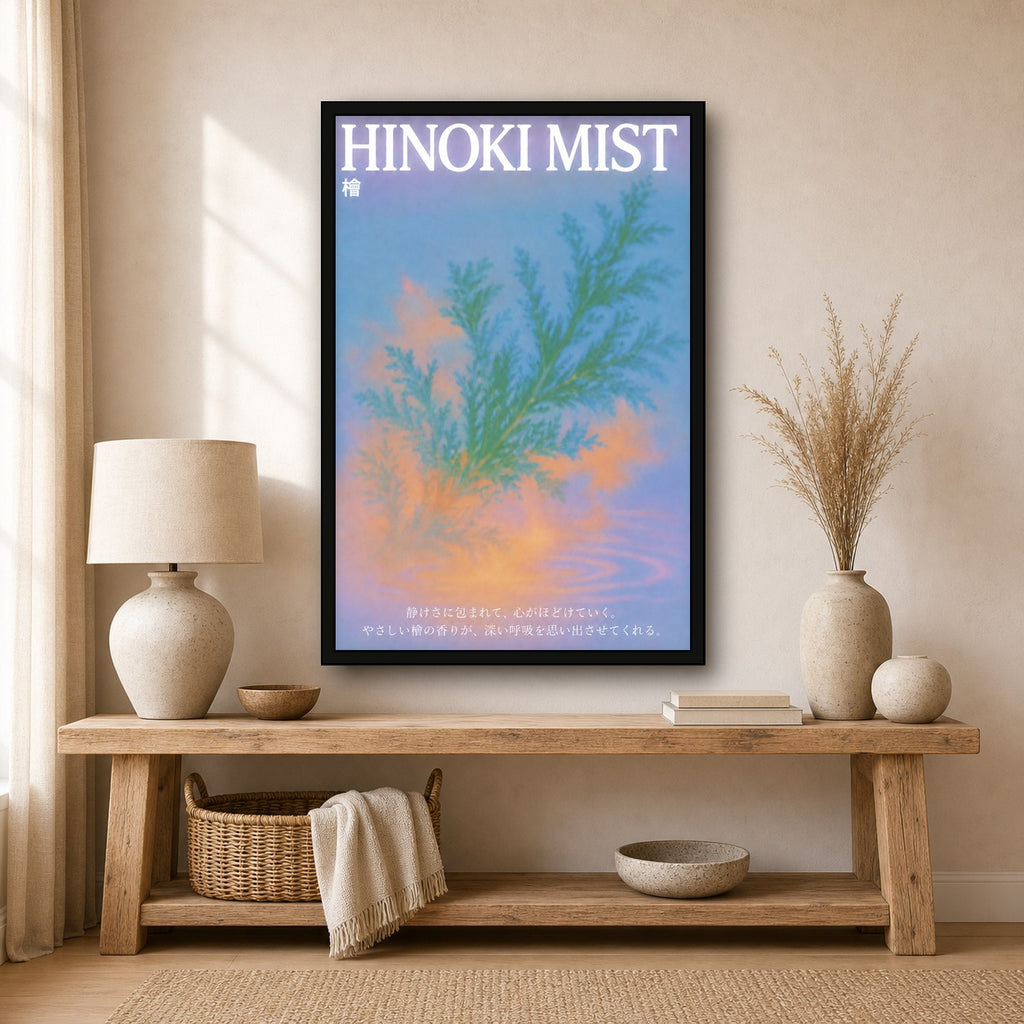 Hinoki Mist Poster - Serene Botanical Wall Art for Japanese Inspired Decor in Various Sizes - 2x3 room mockup