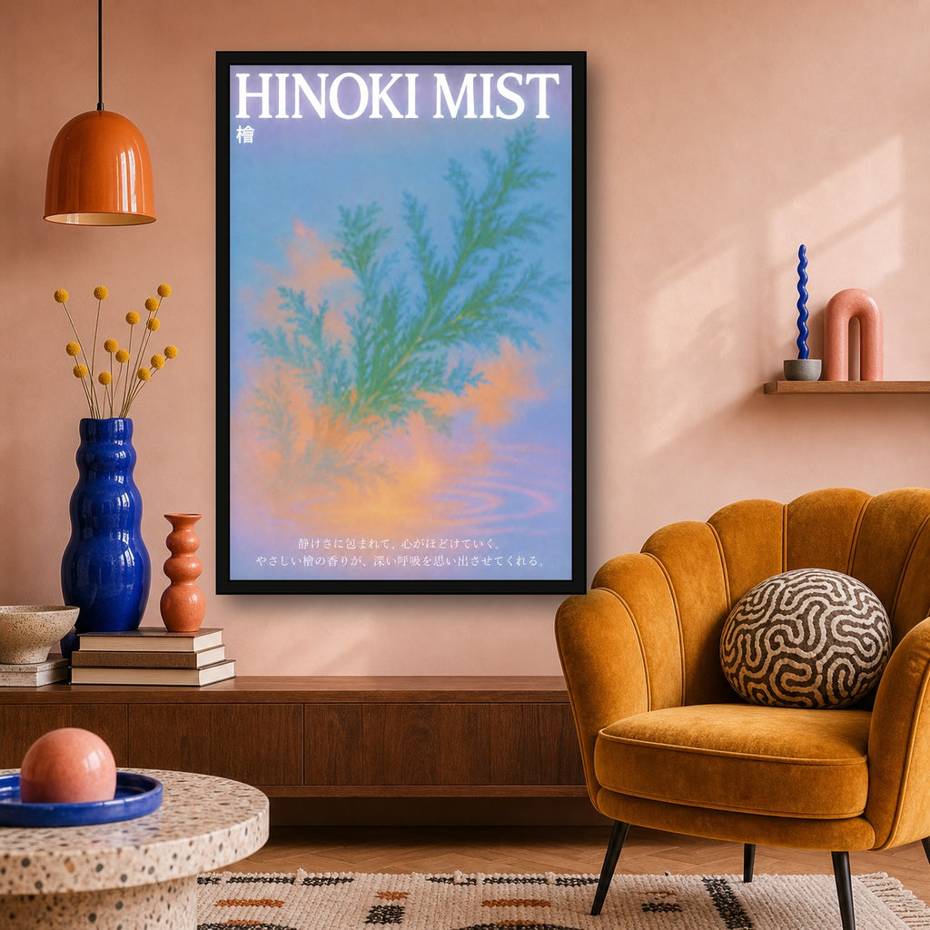Hinoki Mist Poster - Serene Botanical Wall Art for Japanese Inspired Decor in Various Sizes - 2x3 room mockup
