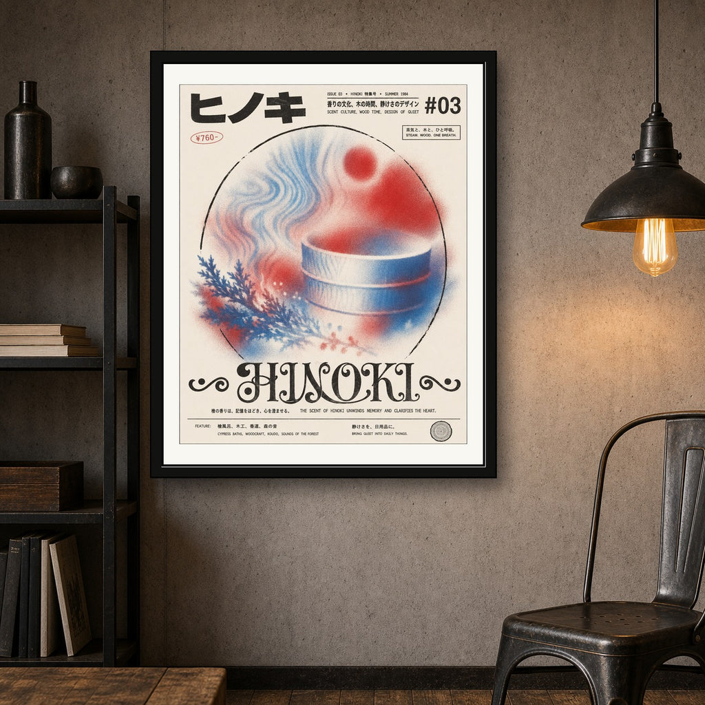 Hinoki Onsen Steam Poster - Serene Japanese Bathhouse Wall Art with Soothing Blue & Red Hues - corrected 4x5 room mockup