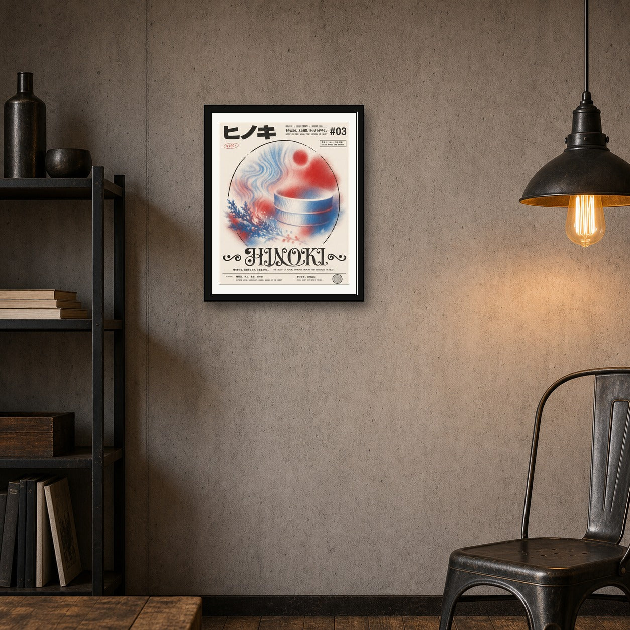 Hinoki Onsen Steam Poster - Serene Japanese Bathhouse Wall Art with Soothing Blue & Red Hues - corrected 4x5 room mockup