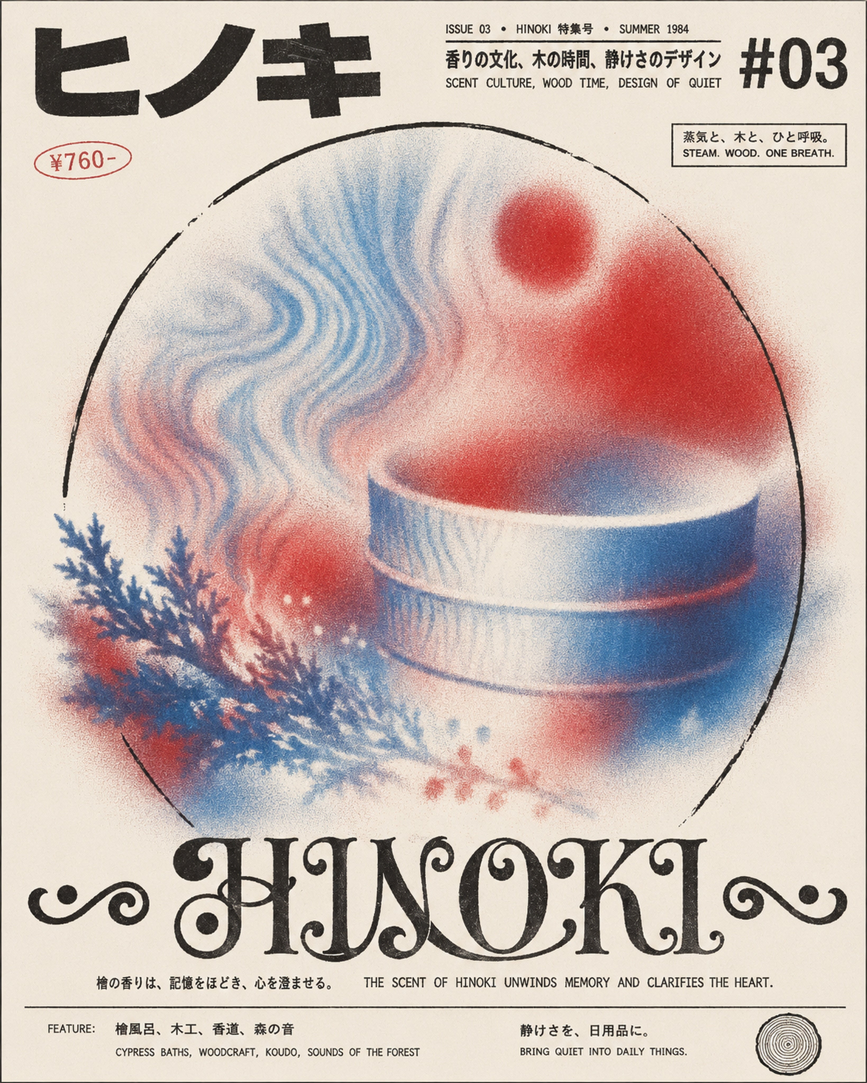 Hinoki Onsen Steam Poster - Serene Japanese Bathhouse Wall Art with Soothing Blue & Red Hues - corrected 4x5 flat artwork
