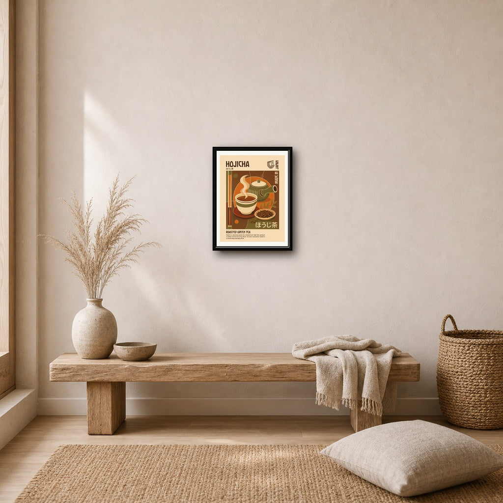 Hojicha Roasted Green Tea Poster, Retro Japanese Wall Art, Warm Earth Tones Print - corrected 3x4 room mockup