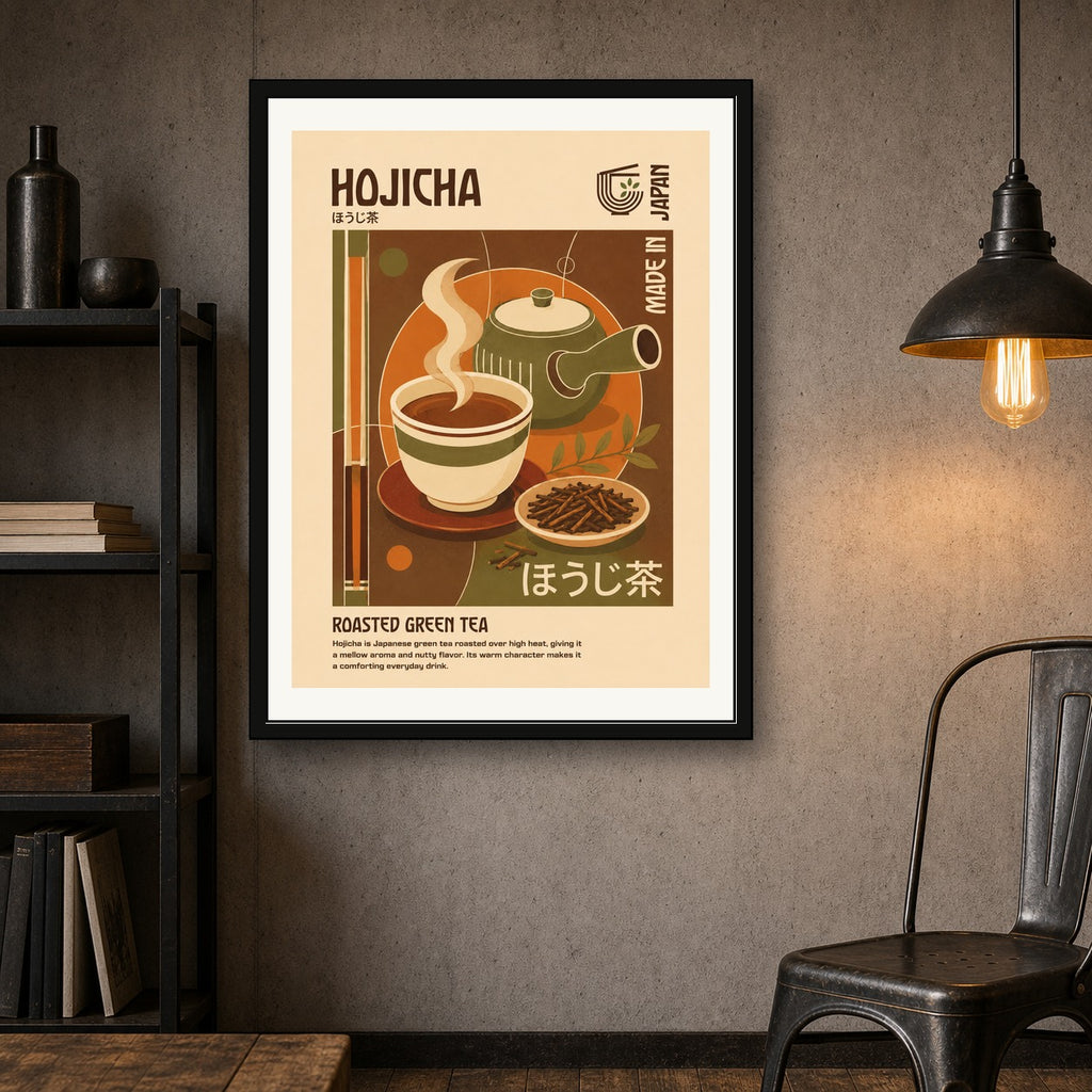 Hojicha Roasted Green Tea Poster, Retro Japanese Wall Art, Warm Earth Tones Print - corrected 3x4 room mockup