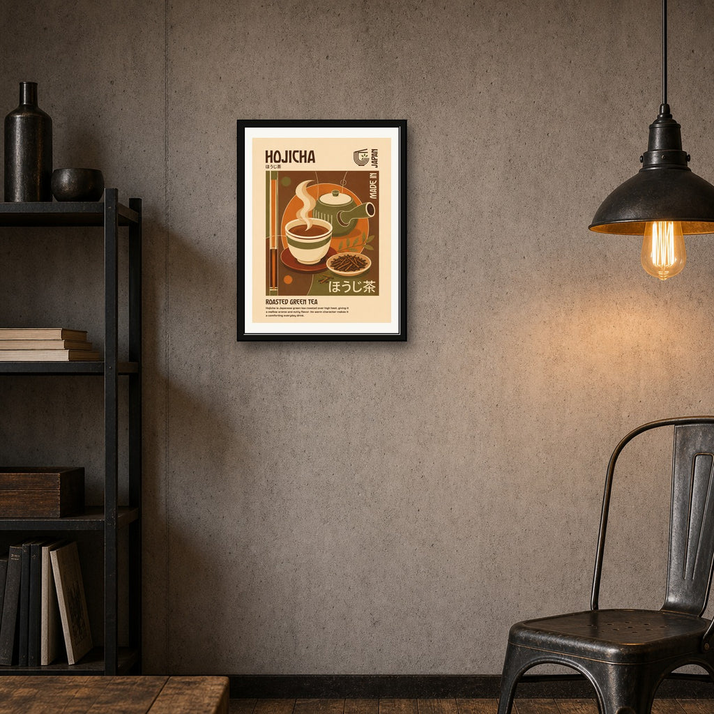 Hojicha Roasted Green Tea Poster, Retro Japanese Wall Art, Warm Earth Tones Print - corrected 3x4 room mockup