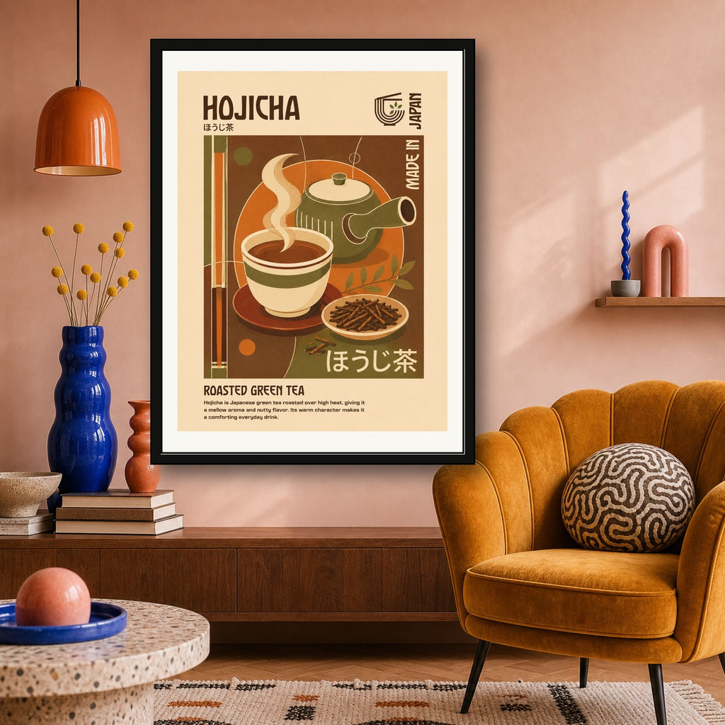 Hojicha Roasted Green Tea Poster, Retro Japanese Wall Art, Warm Earth Tones Print - corrected 3x4 room mockup