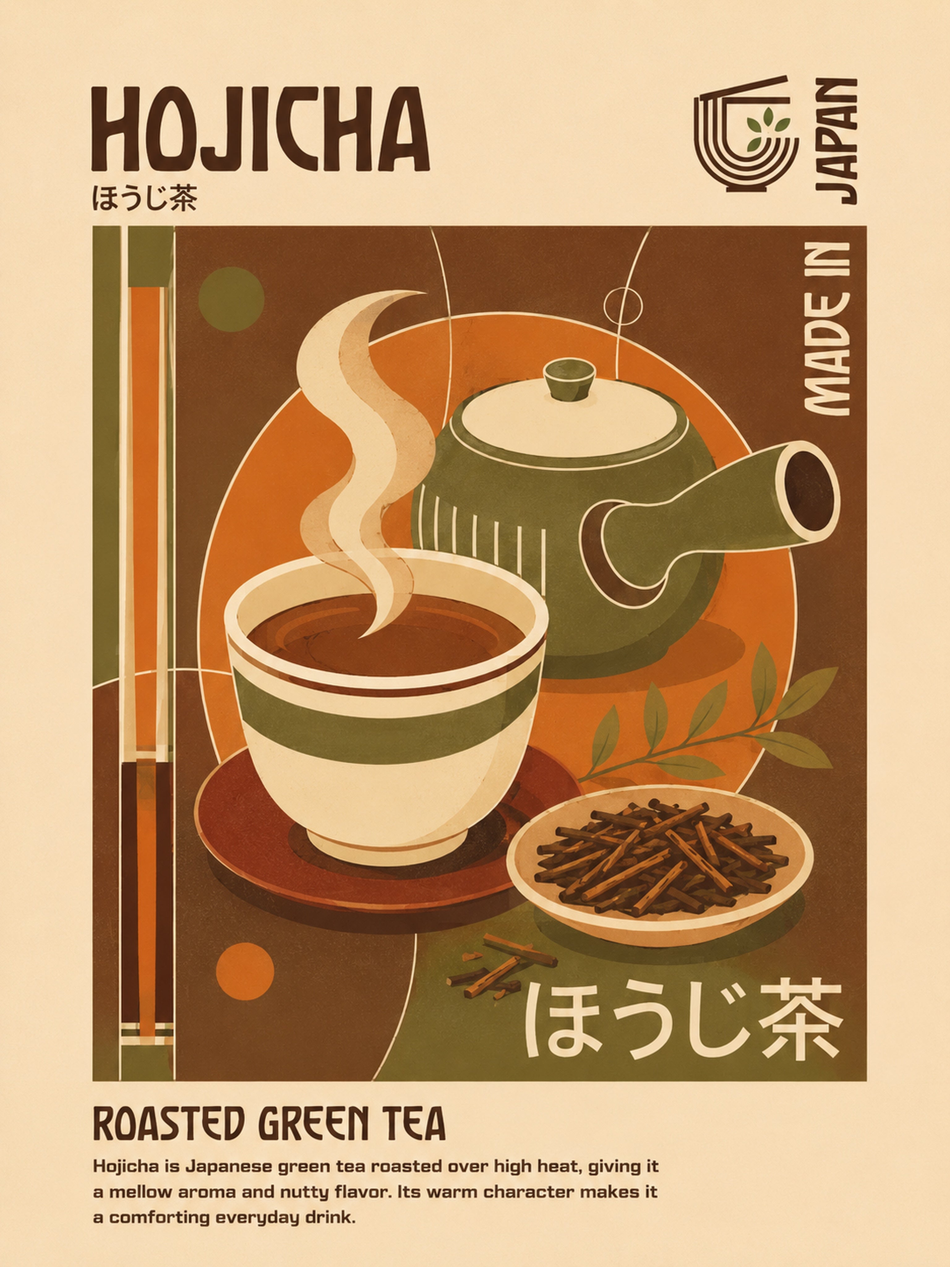 Hojicha Roasted Green Tea Poster, Retro Japanese Wall Art, Warm Earth Tones Print - corrected 3x4 flat artwork