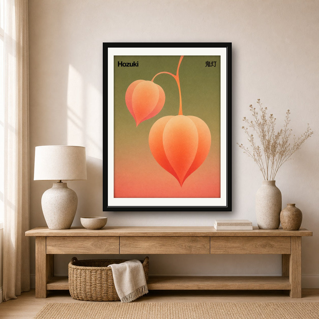 Hozuki Lantern Poster, Japanese Botanical Wall Art, Retro Orange & Green Art Print in Multiple Sizes - corrected 3x4 room mockup