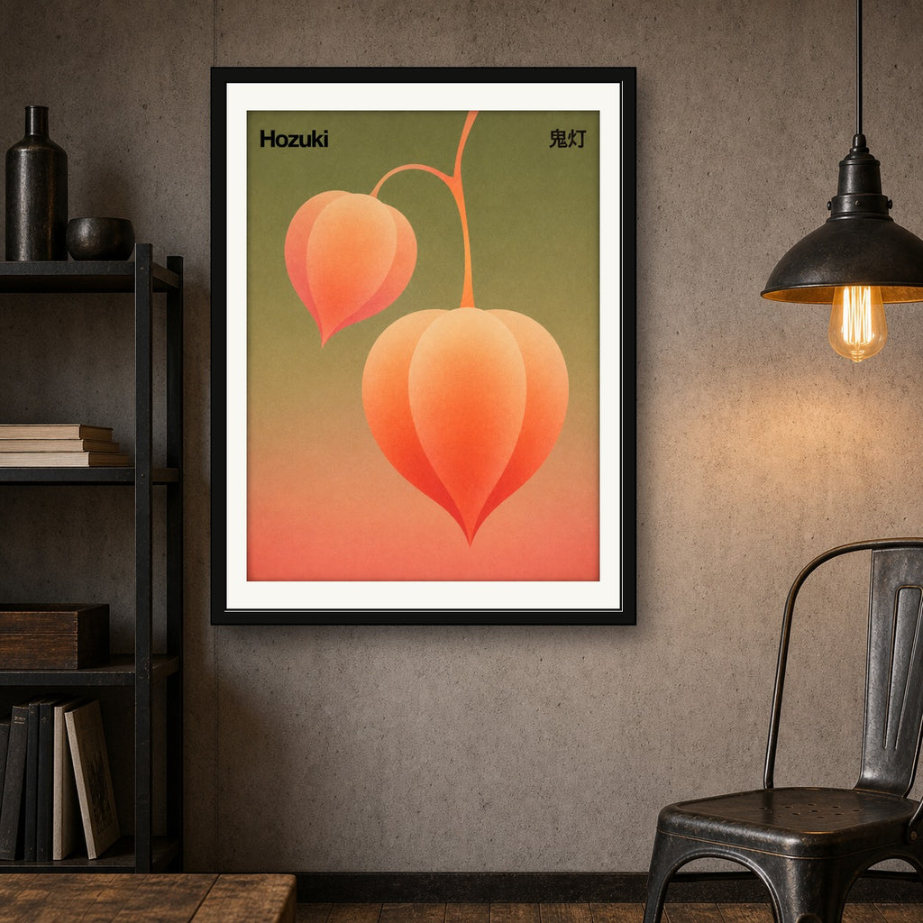 Hozuki Lantern Poster, Japanese Botanical Wall Art, Retro Orange & Green Art Print in Multiple Sizes - corrected 3x4 room mockup