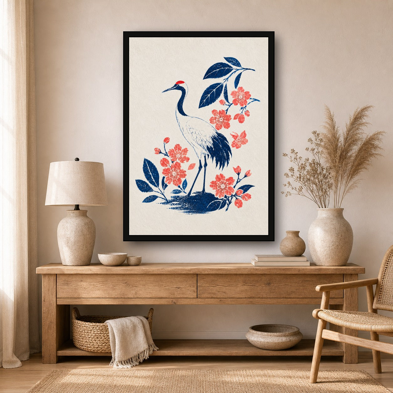 Indigo Crane Sakura Japanese Retro Poster Print - A room mockup