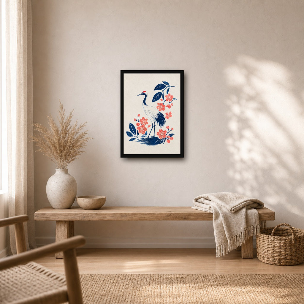 Indigo Crane Sakura Japanese Retro Poster Print - A room mockup