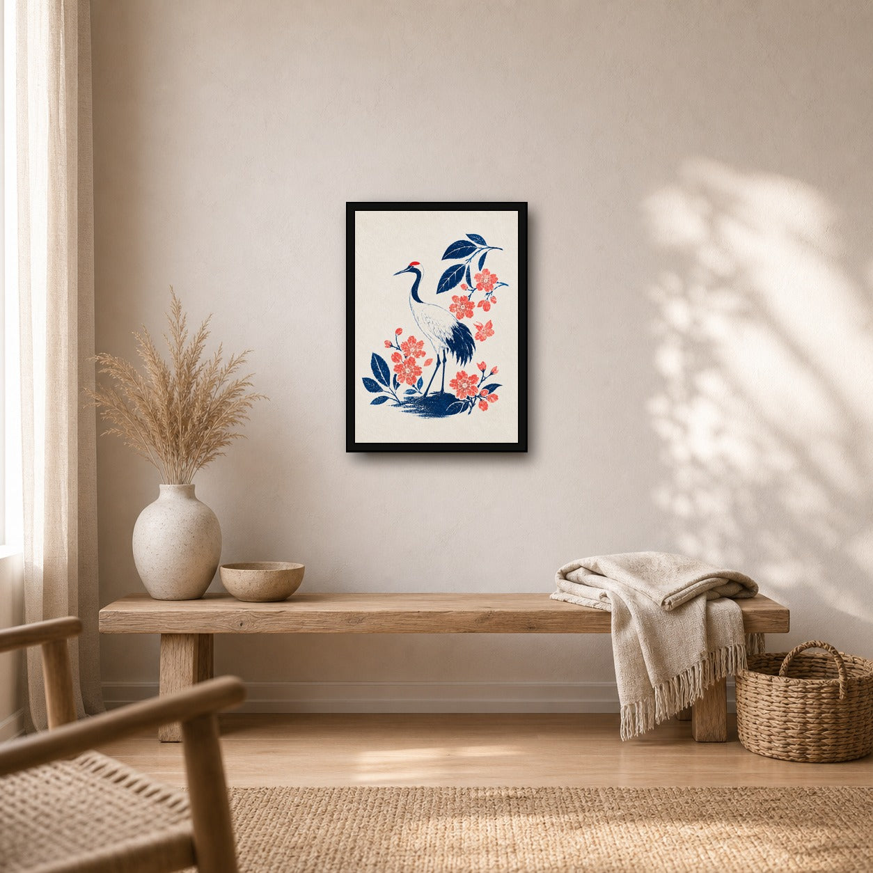 Indigo Crane Sakura Japanese Retro Poster Print - A room mockup