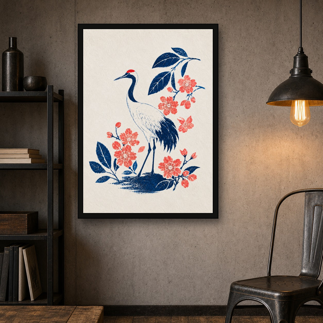 Indigo Crane Sakura Japanese Retro Poster Print - A room mockup