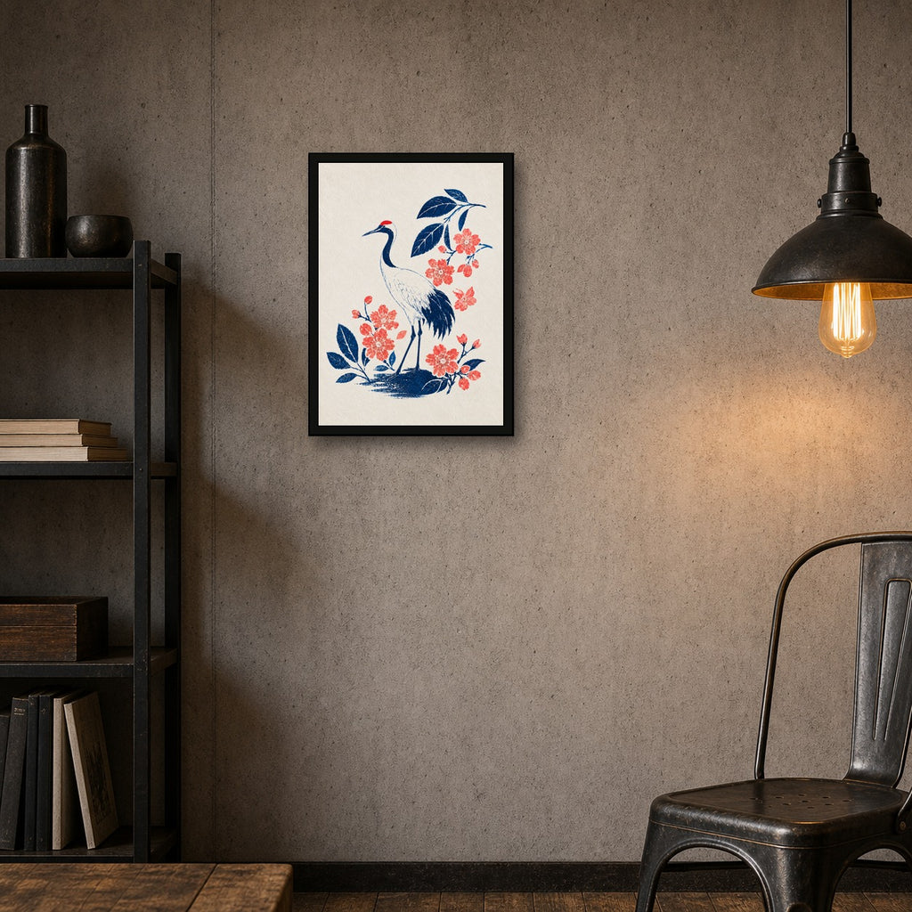 Indigo Crane Sakura Japanese Retro Poster Print - A room mockup