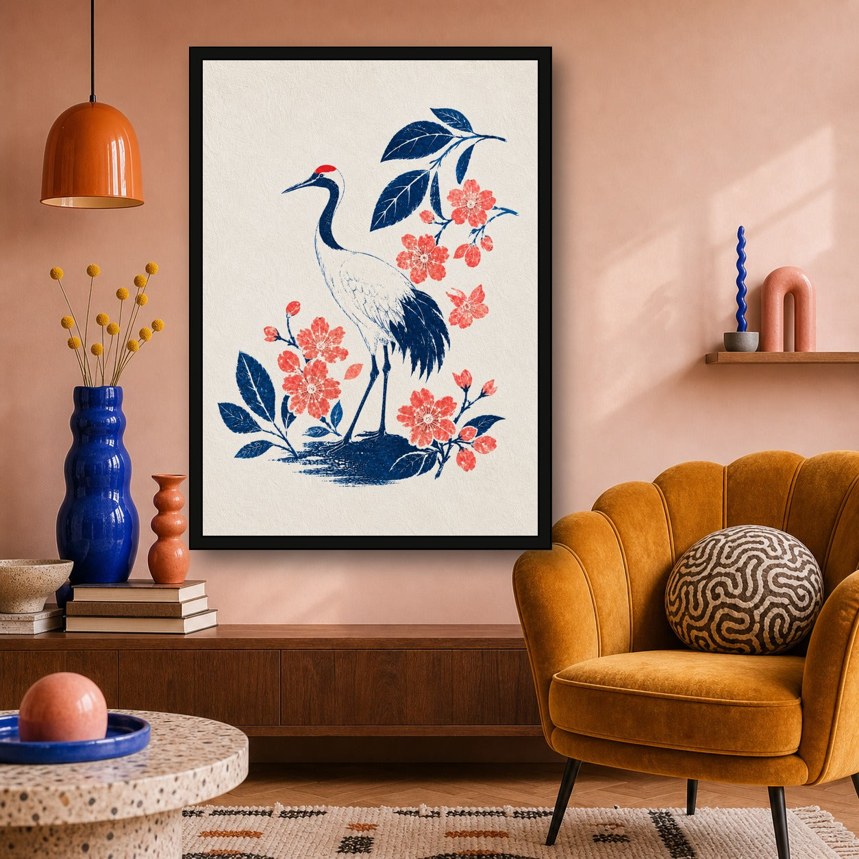 Indigo Crane Sakura Japanese Retro Poster Print - A room mockup