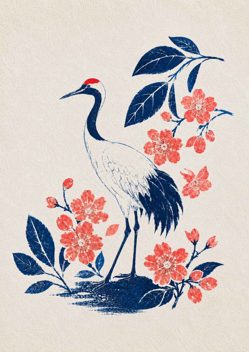 Indigo Crane Sakura Japanese Retro Poster Print