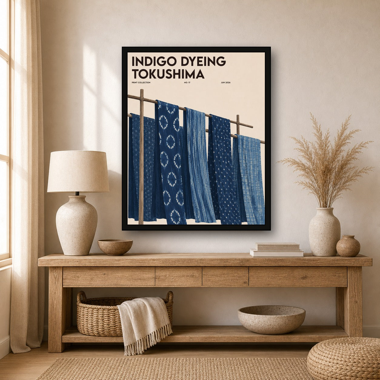 Indigo Dyeing Tokushima Poster, Japanese Textile Art, Shibori Style Wall Print - 4x5 room mockup
