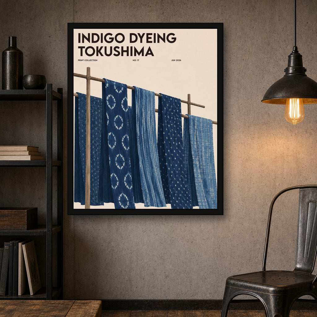Indigo Dyeing Tokushima Poster, Japanese Textile Art, Shibori Style Wall Print - 4x5 room mockup