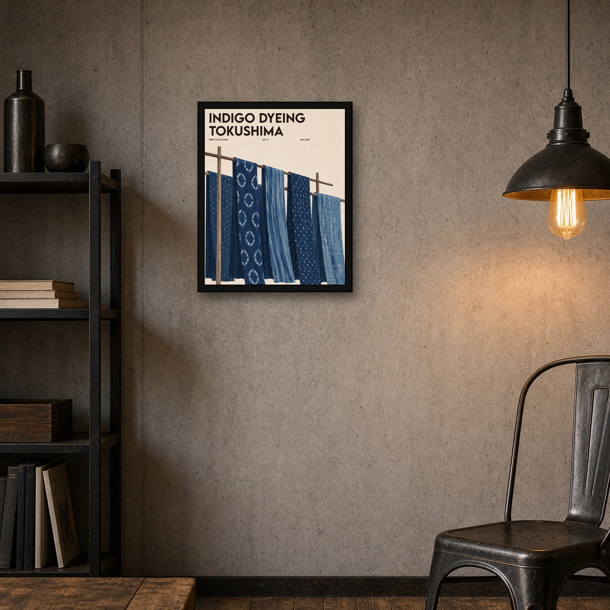 Indigo Dyeing Tokushima Poster, Japanese Textile Art, Shibori Style Wall Print - 4x5 room mockup