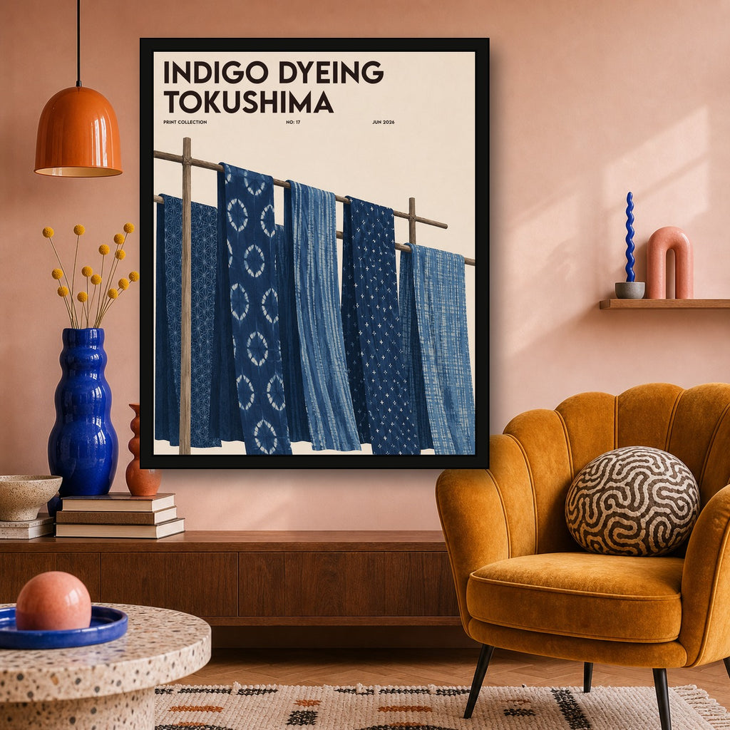 Indigo Dyeing Tokushima Poster, Japanese Textile Art, Shibori Style Wall Print - 4x5 room mockup